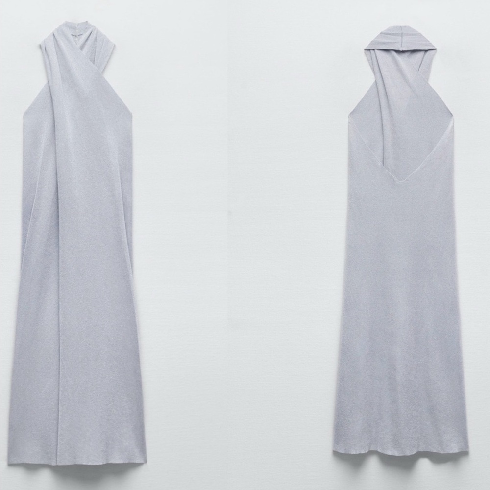 Zara Gray silver metallic glitter thread crisscross halter top midi dress S NWOT